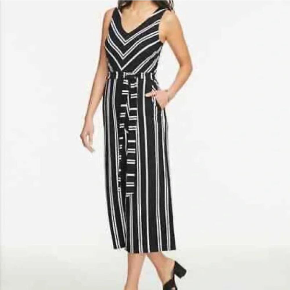 Ann Taylor NEW Black & White Striped V-Neck Sleeveless Cropped Jumpsuit Small